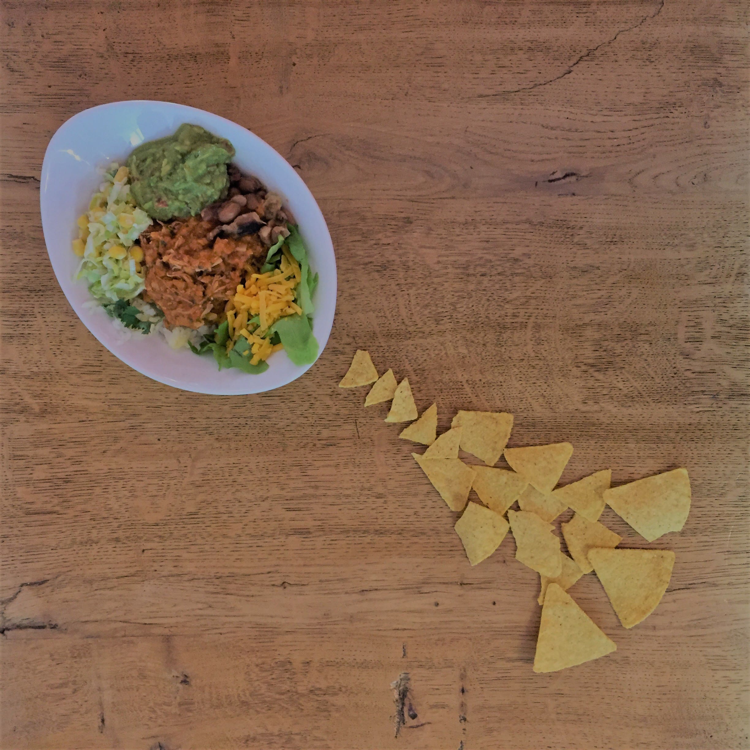 Chicken Chilaquiles-Rojos with Guacamole